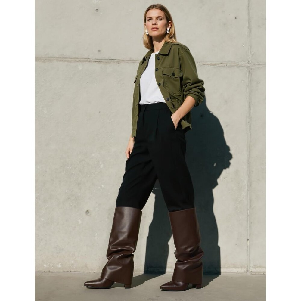 Women's Chocolate Modatope Knee High Fold Over Chunky Heels Zipper Tall Boots - Picture 6 of 7